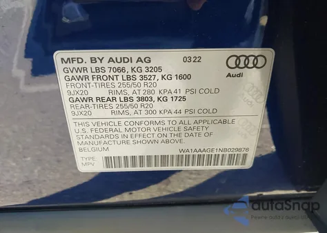 2022 Audi E-Tron Premium Quattro z USA, uszkodzony, nr VIN WA1AAAGE1NB029876